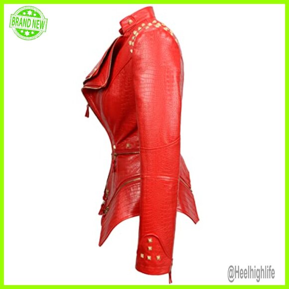 Women's Faux Leather Moto Jacket with Studded Details, Long Sleeve - Picture 2 of 5